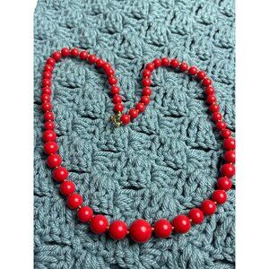 Vintage Red Plastic Beaded Necklace Graduated Goldtone Spacer Beads 22 inches